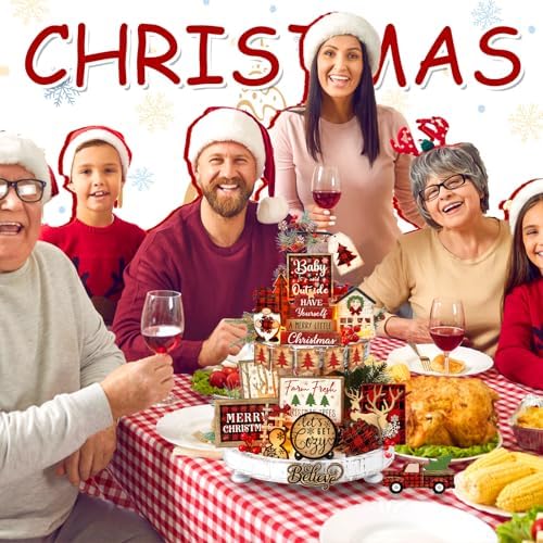 Shellwei 24 Pcs Christmas Tiered Tray Decor, Wood Rustic Buffalo Plaid - Image 4