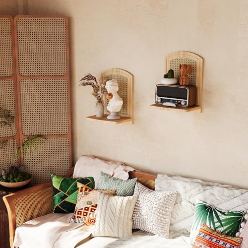 Rattan Shelf Set of 2, 9.8''Natural Wood Rattan Shelf with Wicker Decor, Boho Wall Decor Small Floating Shelves for Plant Figurines Nick Knack Display, Mini Shelves for Living Room Nursery Bedroom - Image 7