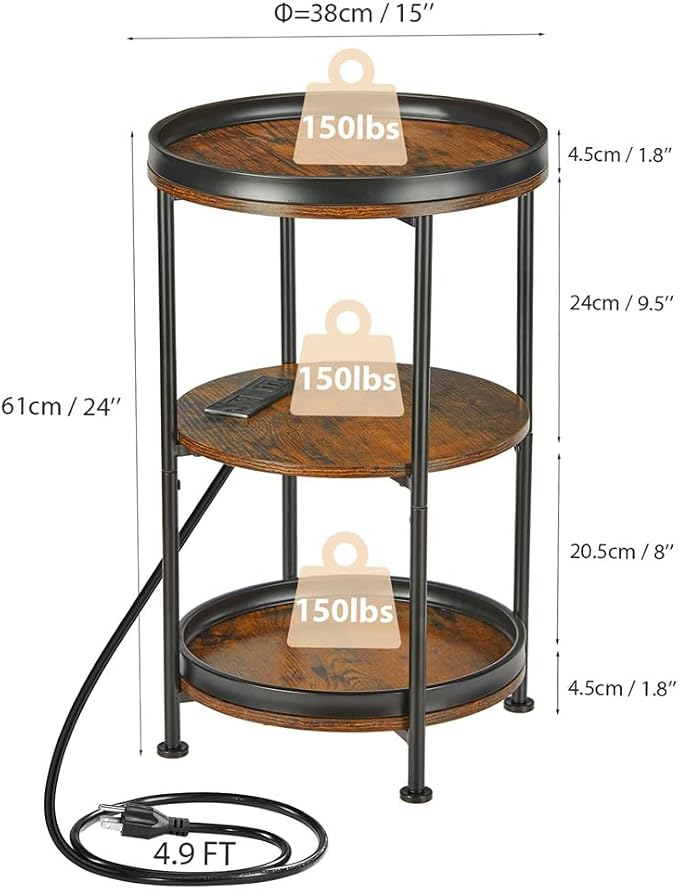 Dulcii Round Side Table with Charging Station, End Table with 3 Shelves - Image 3