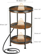 Dulcii Round Side Table with Charging Station, End Table with 3 Shelves - Image 3