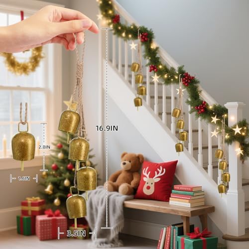 2 Pack Gold Metal Vintage Bells with Jute Hanging Rope - Image 2