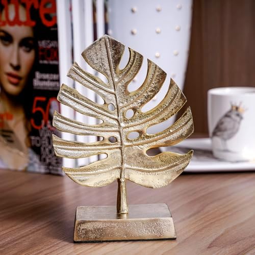 MyGift Brass Tone Metal Palm Leaf Modern Art Sculpture Decor, Monstera Plant Statue - Handcrafted in India - Image 2