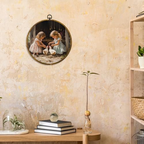 CUANFDDSF Vintage Farmhouse Girl and Chickens Round Wall Art, Rustic Cottagecore Kitchen Framed Hanging Wall Decor, Country Animal Scene Canvas Prints Decorations for Farm House Room, 10x10 Inch - Image 4