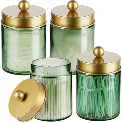 Amolliar Green Glass Apothecary Jar, Qtip Holder Bathroom Decor Gold 4 Pack by Amolliar