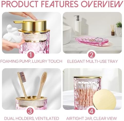 5 Piece Glass Bathroom Accessories Set, Pink & Gold Vanity Countertop Set - Image 4