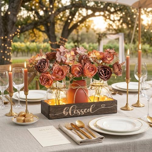 3 Pcs Mason Jar Table Centerpieces for Dining Room with Wood Tray&Led Light - Image 5