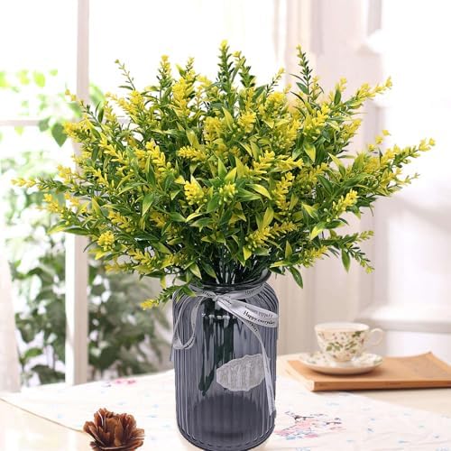 CATTREE Artificial Lavender for Decoration, Fake Flowers Flocked Plants Plastic Faux Flower Bundles Outdoor Indoor Wedding Bouquet Kitchen Table Centerpieces Arrangements DIY Decor - Yellow 8 Pack - Image 2