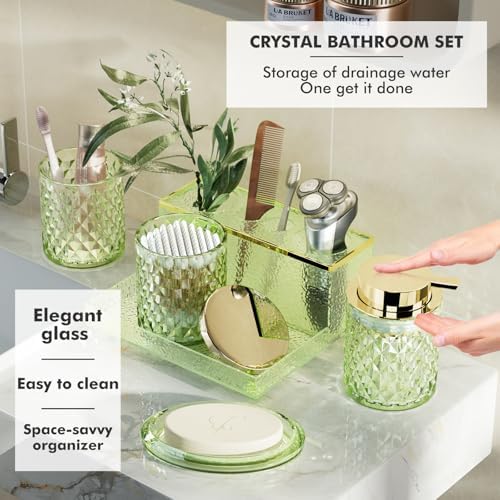 Green Bathroom Accessories Set - 20PCS Glass Bathroom Set with Shower Curtain and Rugs, Soap Dispenser, Soap Dish, Cup, Qtip Jar, Toothbrush Holder, Stylish & Functional Bath Decor for Home, Apartment - Image 2