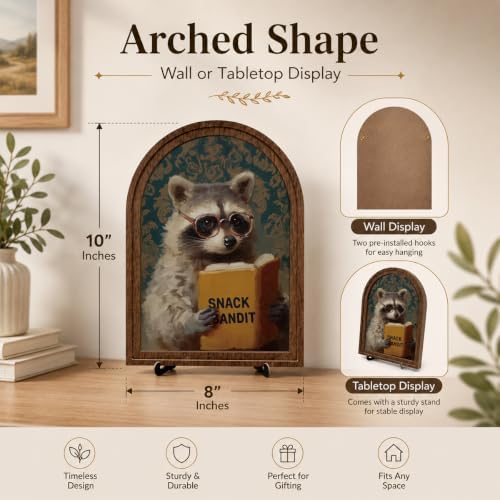 Wooden Tabletop Sign Funny Raccoon Decor for Bookshelf Desk Shelf, Arched Wood Frame Vintage Reading Animal Art, Rustic Home Office Display Accent for Animal Lovers - Image 6