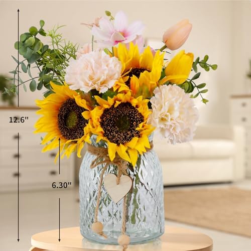 Leftover Fake Flowers in Vase, Artificial Sunflower Bouquets with Flower Arrangement Holder, Table Centerpieces for Dining Room, Faux Silk Sunflowers, Carnations and Tulips Arrangement - Image 3