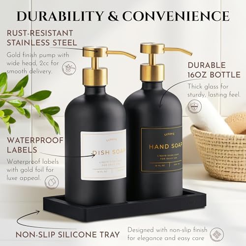 Glass Soap Dispenser Set of 2 (Black) with Silicone Tray | Hand and Dish Soap Dispenser for Kitchen and Bathroom | 16.8 Oz Glass Bottles with Stainless Steel Pump & 15 Waterproof Labels (Black/Gold) - Image 6