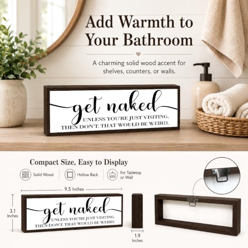 Funny Bathroom Wooden Sign, Playful Get Naked Quote, Funny Farmhouse Bathroom Wall Sign, Solid Wood Bathrooms Decor Accent, Modern Rustic Restroom Wall Decor Gift, 9.5 x 3.1 Inches - Image 4