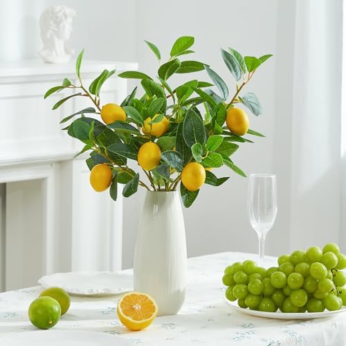 Heleze 3 Pcs Artificial Lemons Tree Branches - Faux Greenery Stems Realistic Lemon Branch with Lifelike Leaves Fake Lemon Plant for Home, Dining Table, Kitchen Decor 18 Inch - Image 2