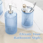 Blue Glass Bathroom Accessories Set 5 Piece, Vintage Ribbed Soap Dispenser, Toothbrush Holder, Tumbler, Qtip Jars, Cute Aesthetic Vanity Organizer for Home, Restroom Countertop Decor - Image 4