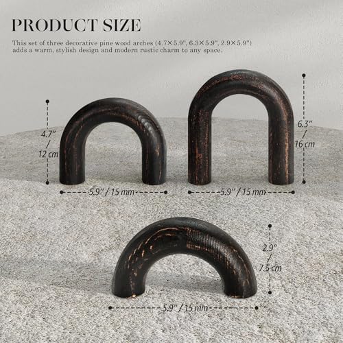 EOSAHR Pine Wood Arch Decor Set: Wood Sculpture for Shelf Decor, OldBlack - Image 2