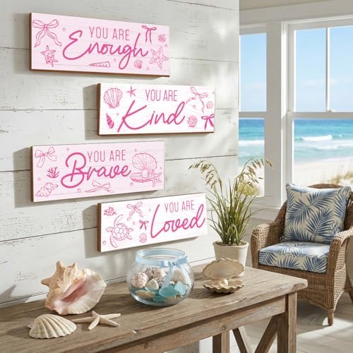 4 Pcs Pink Coastal Wall Decor, Positive Affirmations Wall Art Decor, Inspirational Wooden Signs, Beach Boho Bow Wall Art Hanging Plaques, Perfect for Girls Bedroom, Bathroom, Living Room - Image 3