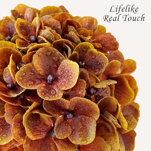 JINWOE Fall Hydrangea Artificial Flowers, 4Pcs 21” Latex Real Touch Flowers, Faux Silk Flowers Fake Artificial Hydrangeas with Stems for Bouquet Table Centerpieces Halloween （Raw Umber Brown） - Image 3