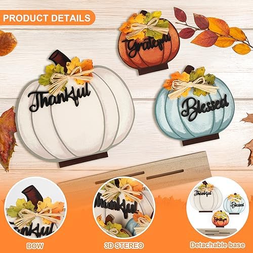 3 Pcs Fall Pumpkin Decor Wooden Table Sign Thankful Blessed Grateful Tabletop for Autumn Farmhouse Vintage Thanksgiving Harvest Party Rustic Home Room Table Shelf Halloween Decorations - Image 6