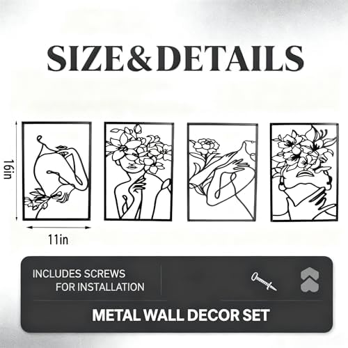 Set of 4 Black Metal Wall Art, Abstract Woman Silhouette Flower Line Art, Modern Minimalist Decor for Living Room Bedroom, Fall Halloween Thanksgiving Christmas Birthday Housewarming Gift for Women - Image 3