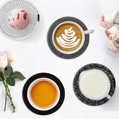 OIAHOMY 8 Pcs Coasters with Holder for Beer, Coffee, Woven Cotton Coaster Set for Table Decor for Kitchen, Bar, Dining Room, Living Room, Housewarming Gifts - Black - Image 6