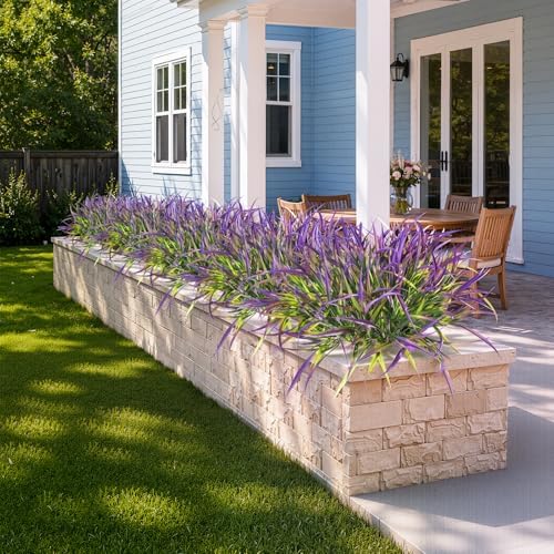 Uieke 12 Bundles Artificial Outdoor Plants UV Resistant Fake Grass Plants Faux Plastic Plants Greenery Shrubs for Home Garden Pathway Window Box Front Porch Cemetery Spring Summer Decor, Purple - Image 4
