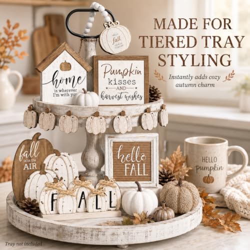 Reallnaive 18 Pcs Fall Tiered Tray Decor Set Neutral Wood Signs - Image 2