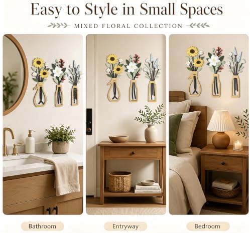 puthiac Wooden Floral Vase Wall Art Decor Set of 3, Mixed Floral Collection - Image 6