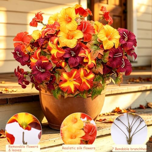 6 Bundles Artificial Fall Morning Glory Flowers for Outdoors, UV Resistant No Fade Fake Faux Fall Flowers with Maple Leaves for Thanksgiving Farmhouse Harvest Home Garden Patio Decor - Image 4