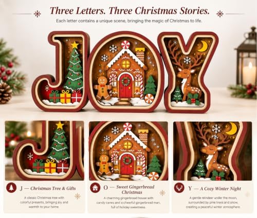 Gingerbread Christmas Decorations, 3D Wooden JOY Sign with Christmas Tree and Reindeer, Vintage Merry Christmas Tiered Tray Decor for Office Desk Party Kitchen, Tabletop, Shelf and Farmhouse Mantel (Gingerbread Christmas Decorations) - Image 4