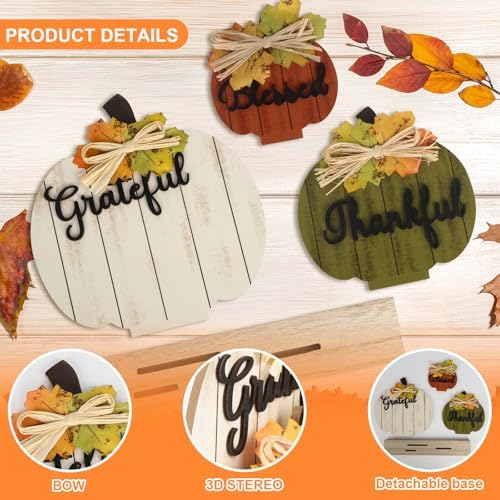 3 Pcs Fall Pumpkin Decor Wooden Table Sign Thankful Blessed Grateful Tabletop for Autumn Farmhouse Vintage Thanksgiving Harvest Party Rustic Home Room Table Shelf Halloween Decorations - Image 4
