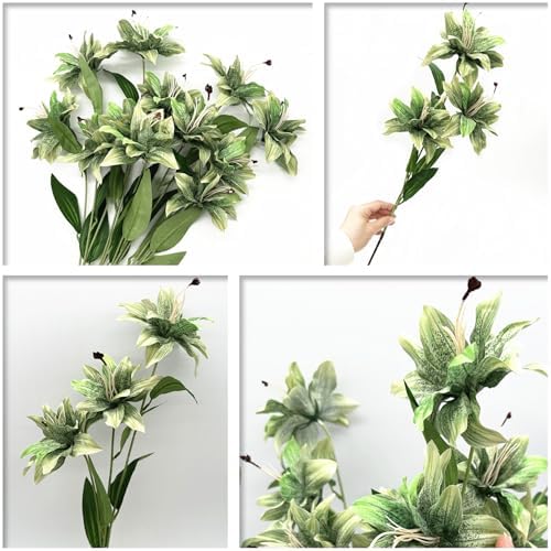 Artificial Silk Flowers Fake Lily Flower Long Stems Stargazer Lilies 4 Pack, Faux Tiger Bouquets with Full Bloom Floral Real Touch Plants for Home Kitchen Decor Wedding Party Hotel Decoration - Green - Image 7
