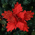 10 PCS Glitter Poinsettias, 9.4" Artificial Christmas Flowers, Red - Image 3