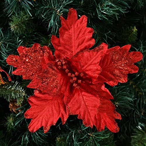 10 PCS Glitter Poinsettias, 9.4" Artificial Christmas Flowers, Red - Image 3