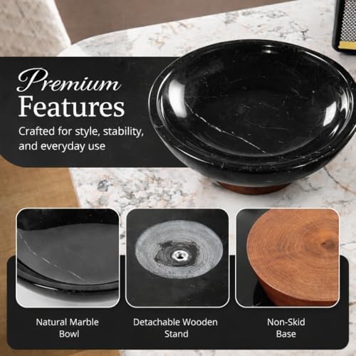 Decorative Marble Bowl Black - Removable Acacia Wood Pedestal - 10" - Image 6