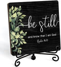 Inspirational Christian Desk Decor, Be Still And Know That I Am God Sign, Desk Decorations For Office Home Living Room Bathroom, Eucalyptus Shelf Decor, Wooden Plaque With Stand (01) by JUSITAKEET