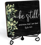 Inspirational Christian Desk Decor, Be Still And Know That I Am God Sign, Desk Decorations For Office Home Living Room Bathroom, Eucalyptus Shelf Decor, Wooden Plaque With Stand (01) by JUSITAKEET