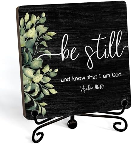 Inspirational Christian Desk Decor, Be Still And Know That I Am God Sign, Desk Decorations For Office Home Living Room Bathroom, Eucalyptus Shelf Decor, Wooden Plaque With Stand (01) by JUSITAKEET