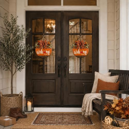 Fall Door Sign for Front Door, Wooden Welcome Hanger with Pumpkin Design, Plaid Bow and Autumn Leaves, Porch Entry Decor, Harvest Wreath Accent, Thanksgiving Decorations for Home and Covered Porch - Image 5