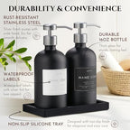 Glass Soap Dispenser Set of 2 (Black) with Silicone Tray | Hand and Dish Soap Dispenser for Kitchen and Bathroom | 16.8 Oz Glass Bottles with Stainless Steel Pump & 15 Waterproof Labels (Black/Silver) - Image 6
