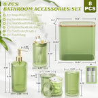 Green Bathroom Accessories Set, 3.5 Gal Trash Can with Press-Top Lid and Garbage Bags, Glass Bathroom Set, Soap Dispenser, Toothbrush Holder, Tumbler, Qtip Holders, Vintage Bathroom Sink Set Decor - Image 2