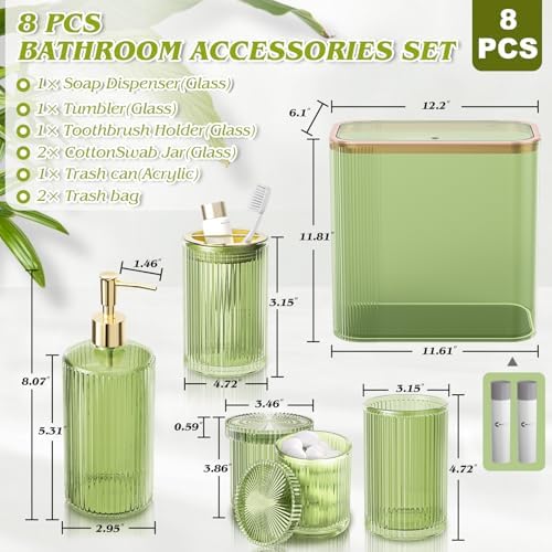 Green Bathroom Accessories Set, 3.5 Gal Trash Can with Press-Top Lid and Garbage Bags, Glass Bathroom Set, Soap Dispenser, Toothbrush Holder, Tumbler, Qtip Holders, Vintage Bathroom Sink Set Decor - Image 2