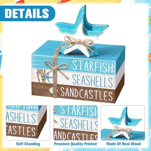 Geelin 4 Pcs Summer Beach Tiered Tray Decor Wooden Book Stack Signs, Starfish Seashell Coastal Nautical Table Centerpiece for Shelf Coffee Bar Home Kitchen Beach House Decorations - Image 4