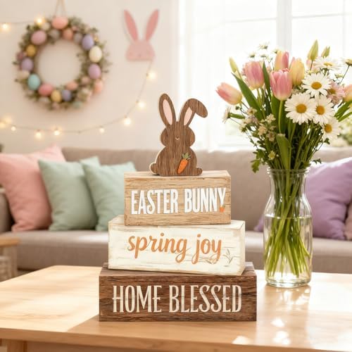 Easter Decorations - Easter Bunny Tiered Tray Decor Set - Wooden Easter Tabletop Decoration - Rustic Farmhouse Spring Home Decor Indoor for Tiered Tray Shelf Mantel Coffee Table Gift - Spring Home Decor for Living Room, Kitchen Counter - Image 4