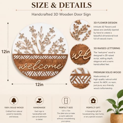 3D Wooden Welcome Sign for Front Door, Boho Rustic Round Door Hanger, Modern Farmhouse Wall Decor, Housewarming Gift for New Home, Porch & Fence Decoration for Spring, Summer, Fall and All Seasons - Image 3