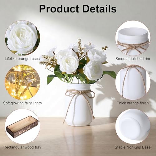 3 Pcs Mason Jar Table Centerpieces for Dining Room with Wood Tray&Led Light - Image 2