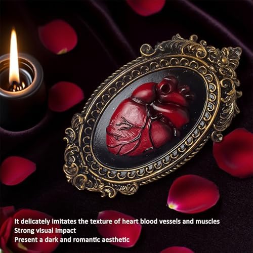 KISWIAR Gothic Anatomical Heart Wall Sculpture, 3D Resin Red Sacred Heart Wall Decor with Antique Gold Oval Frame, Victorian Dark Academia Hanging Art for Hallway, Living Room, Bedroom (Red) - Image 5