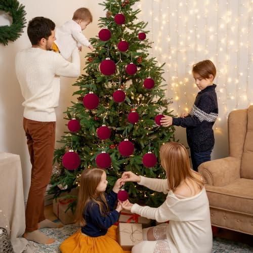 46Pcs Velvet Christmas Ball Ornaments Set - Flocked Shatterproof Christmas Tree Decorations Classic Hanging Ornaments with Rope for Xmas Wreath Holiday Home Decor (Multi-Size, Burgundy) - Image 6