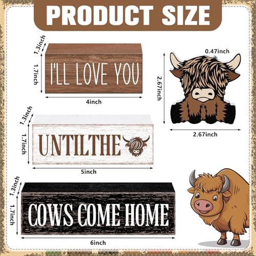 Marsui 4 Pcs Highland Cow Table Decor Rustic Cow Wooden Signs Gifts - Image 3