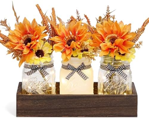 Fall Mason Jar Centerpiece for Table with LED Lights & Artificial Flowers by SUPREMELIGHTS%C2%B72017%C2%B7