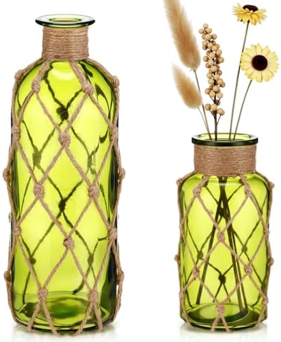 Chuangdi Set of 2 Coastal Glass Flower Vase with Boho Rope, Olive Green by Chuangdi